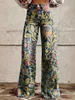 Jeans femminile pantaloni a gamba larga da donna alla moda con design dei fiori di girasole per lo shopping quotidiano e pantaloni a gamba ad larga maschile y240422