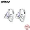 Oorbellen Wostu 925 Sterling Silver Lotus Hoop oorbellen Paarse kristalbloem drop oorr earring Pendiente Party sieraden Gift Hollowout Brincos