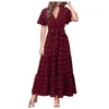 Casual Dresses Summer Bohemian Dot Maxi V Neck Short Sleeve Solid Tie Belt En linjeklänning Tiered Flowy Long For Women Elegant