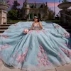 Aqua Blue Off The Shoulder Quinceanera Dress Lace Applique Paljetter Beading Tull Mexikansk söt 16 Vestidos de xv 15 Anos