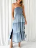 Casual Dresses Holiday Strapless Long Dress for Summer Vestidos 2024 Fashion Women Elegant Hem Stitching Side Split denim