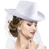 Berets Bridal Cowboy Hat с завесой девичничной вечеринки белая пастуха для свадебного душа