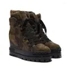 Boots Camflague Suede Platform Sole Wedge Shoes for Women spets -up höjd Öka ankel med hög topp sneaker fritid