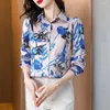 Kvinnors blusar Spring Vintage Turn-down Collar Long Sleeve Printed Blue Women Clothing All-Match Button Loose Shirts Ladies Chic