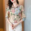 Kvinnors blusar Spring Vintage Turn-down Collar Long Sleeve Printed Blue Women Clothing All-Match Button Loose Shirts Ladies Chic