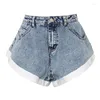 Damesjeans ruches grote zoom patchwork broek voor 2024 zomer modieuze stijl Koreaanse hoge taille losse denim shorts