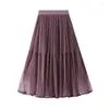 Skirts Summer Vintage Tulle Skirt Women Solid Color Elastic High Waist Mesh Long Pleated Tutu Female 2024