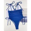 Swimwear Women 2024 One Piece Femmes Blue DrawString plikini Bikini sexy en V Solte à lacets à lacets monokini monokini