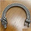 Chain Norse Wolf Bracelet For Men 14K White Gold 12Mm Mesh Link Open Mouth Mens Bracelets Nordic Jewelry 21/23Cm Drop Delivery Dhsgm