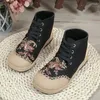 Casual Shoes 2024 Embroidered Linen Simple Versatile Mid-Top Booties Fashion Lace-Up Craft Cloth Womens