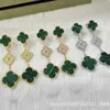 Högkvalitetsdesigner VanCleff Natural Malachite Diamond Four Leaf Gräs Tre blommaörhängen Personlig ljus lyxig högkvalitativ fyra bladgräsörhängen