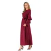 Casual Dresses Women Muslim Elegant Abaya Lace-up Multilayer Long Sleeves Round Neck Ladies Dress Middle Eastern Dubai Turkey Solid Daily