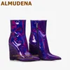 Boots ALMUDENA Purple Crystal Wedge Heel Ankle Hologram Iridescent Mirror Leather Patchwork Booties Bling Wedding Shoes