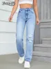 Jeans femminile benuynffy cerniera strappata gamba dritta donna casual streetwear high waist in jeans pantaloni larghi alla moda da donna sciolta