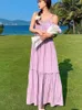 Lässige Kleider lila sexy Rüschen plissierte lange Kleidung Frauen Sommer Mode Rückenfreier Strand