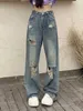 Dżinsy damskie vintage workowate dżinsy damskie mody szeroką nogę wysoką talię proste spodnie bioder niebieski dżins mama dżinsowe spodni Y240422