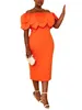 Abiti casual Donne africane Orange Party Leafs Cape dalla spalla Abito a guaina divisa di grande dimensione Lady Birthday Date Out Cuci notturni