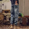 Kvinnors jeans 2023 Nya herrarbeten Jeans Loose Casual Ben Patchwork Large Pocket Jeans Fashionable Hip-Hop Retro Mens Clothing YQ240423