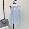 Damesjurk katoen lichtblauw laple nek mouwloze streep geprinte shirt mini -jurk