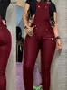 Women Outfits PU Jumpsuits Buckled Zipper Design Suspender Jumpsuit 240409