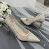 Kleiderschuhe dünne Heels Pailletten sexy Mesh Braut Hochzeit Brautjungfernspitzen Bankett Kristall hoch