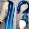 Lång mjuk blå spets främre mänskliga hår peruker för kvinnor rak HD transparent frontal peruk syntetisk prep