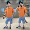 Giyim Setleri Kore 2024 Yaz Toddler Bebek Kısa Kollu Katı Katı Çocuk Kıyafetleri Giysiler Set Erkekler Sıradan Şortlar 2 PCS 4 - 14YRS