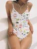 Women's Swimwear Women Monokini Swimsuit Food Print Deep V-Neck Bathing Suit Slim Fit Sling Bodysuit Beachwear