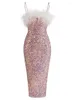 Casual Dresses Sexig kvinnors Sparkhetti -band ärmlös Axeless Bodycon Feather Design Midi Celebrity Cocktail Evening Party Vestidos