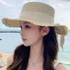 Szerokie brzegowe czapki kobiety mody słomy kapelusz z łukową wstążką letnią anty-UV Sunshade Visors nadmorski wakacyjny czapka plażowa płaska streamer łuki słońca