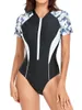Kvinnors badkläder 2024 Kort ärm blixtlås en bit baddräkt zebra tryck kvinnor som dyker kläder surfing strandkläder baddräkt