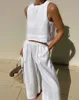 Women Spring Summer Fashion 2024 Holiday Linen Pant Set Crop Tops Solid Outfits Sleeveless 2 Two Piece Matching för 240407