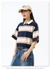 Women's Polos Japanese Retro Clashing Stripe Polo Short Sleeve Summer Model Hem Adjustable Casual Loose T-Shirt