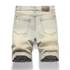 Men's Shorts Loose Straight Summer Retro Blue Embroidered Mesh Denim Mid-waist Trendy Short Pants