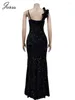 Casual Dresses Joskaa Sexy Sequins Velvet Evening Dress Women Low Cut Sleeveless High Split Bodycon Maxi 2024 Spring Party Clubwear