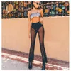 Pantalon féminin Sparkly Rignestone Black Mesh Sexy Sexe Low Rave Streetwear Rave Elastic Voir à travers la cloche de la plage