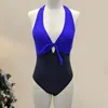 Women's Swimwear Sexy Summer Women Monokini Halter Deep V-Neck One-piece Swimsuit Bowknot Decor High Waist Backless Beachwear