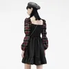 Casual Dresses Puff Sleeve Punk Dark Women's Short Spring and Summer A-Line kjol Slim Looking Sexig elegant rutig klänning