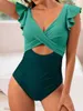 Zwemkleding 2024 Hollow Out Cross Ztvitality Swimsuit One Piece Solid Ruffle Swimwear Women Bathing Swimming Swim Suit vrouwelijk strandkleding 240423