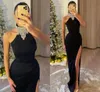 Sexy Black High Neck Evening Dresses With Front Split 2024 New Beaded Crystlas High Collar Prom Dress Women Occasion Party Bridesmaids Gowns BC18684