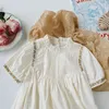 Vestidos de menina Novos filhos de verão Vestido Floral Border Baby Girl Dress Pleated Girls Girls Girls Puff Sleeve Princess H240423