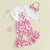 Kläder sätter fokusnorm 3st Baby Girls Valentine's Day kläder 0-18m Letterflower Print långärmad Romper Flare Pants Bow pannband