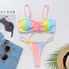 Swimwear Women 2024 Sexy Tie Dye Bikini MAINEMENT FEMME Femme Femmes Two-Piches Set avec Sarong Thong Bather Bathing Costume Swim