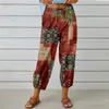 Women's Pants Capris Plus Size Cotton Linen High Waisted Drawstring Capri Pants for Women with Vintage Floral Print Y240422