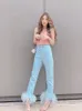 Damesjeans Vrouwen Denim Pant Hoge Taille Tassel Rechte mode Lang All Match Blue Trousers 2024 Summer