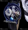 2022 Астрономия турбийновый швейцарский кварцевый кварцевой мужской мужчина часы Pvd Blue Steel Case Sky Skeleton 3D Globe Dial Black Leather Strap Super Editio1186019
