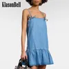 Lässige Kleider 4,9 Klasonbell Temperament süßes Mädchen Bowknot Spaghetti -Gurtkleid Frau Denim Spleiß Saum Rüsche Loose Mini