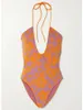 Women's Swimwear Orange Vintage Printed Cut Out Swimsuit One Piece Luxury Hanging Neck Backless Bikini Monokini Beachwear 2024