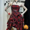 Black Bandage Summer Party Dresses for Women Goth Sexy A-Line Sleeveless Plaid Mini Short Dresses Streetwear