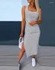 Casual Dresses Women's Fashion Dress 2024 Spring/Summer Senaste randig U-hals ärmlös sida slits daglig kjol maxi